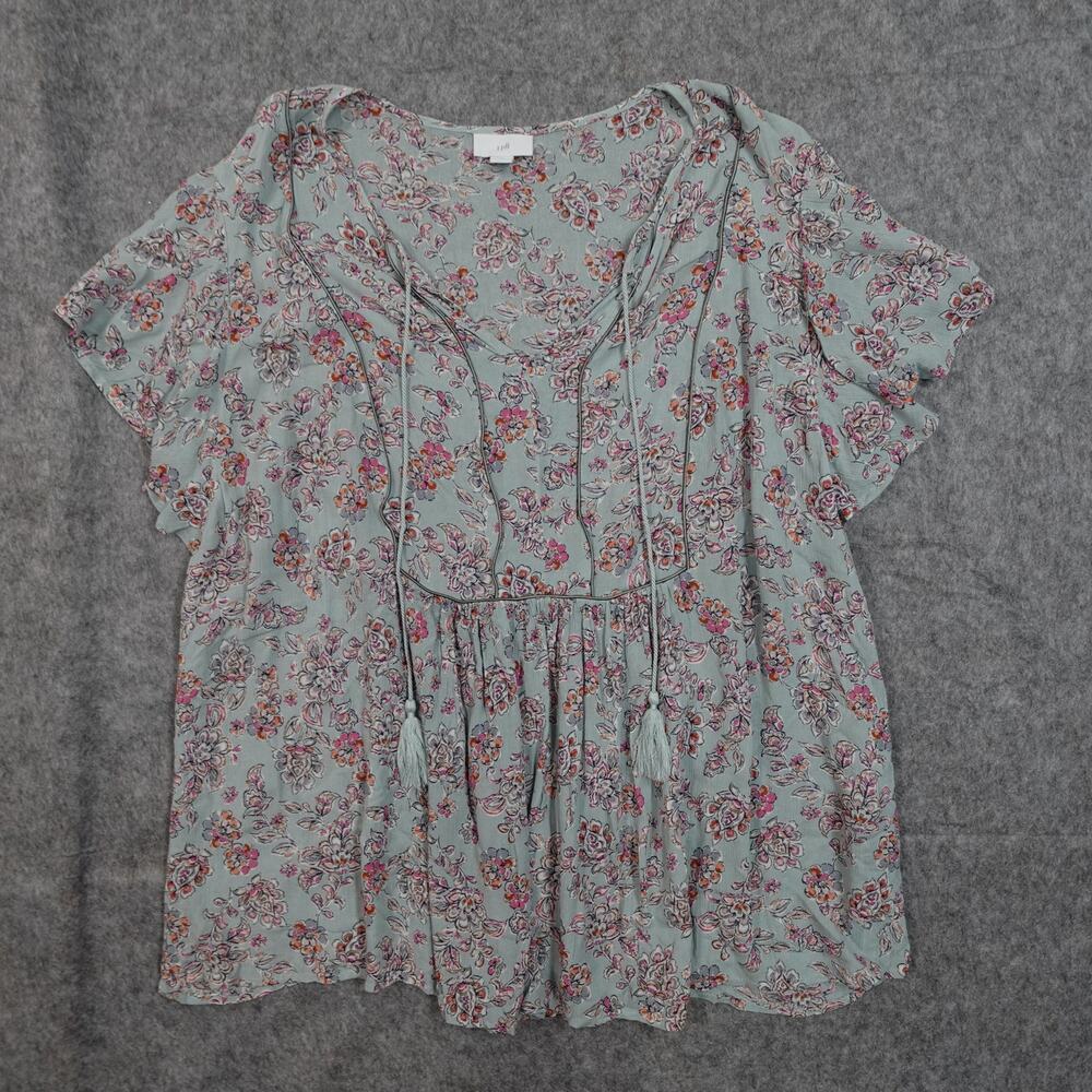J. Jill Top Womens Large Blouse Swing Floral Short Sleeve VNeck Tasseled‎